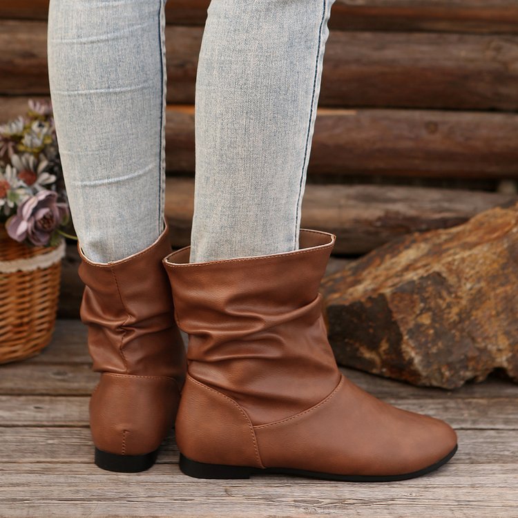 Women's Fashion Round-Toe Flat Boots – Versatile Slip-On Western Cowboy Style Casual Short Shoes