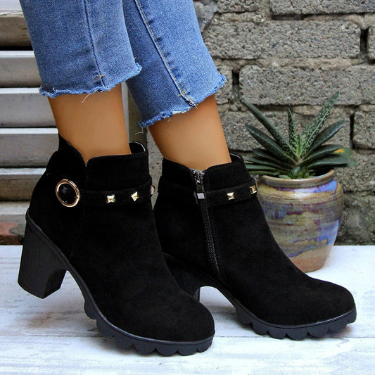 High Heel Women's Chunky Heel Round Toe Ankle Boots with Side Zipper