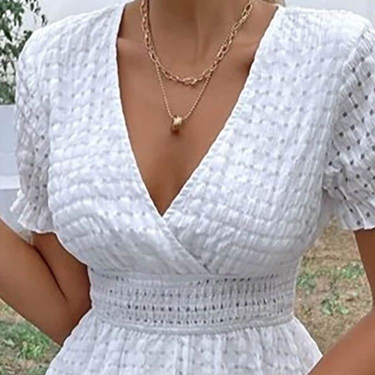 White Deep V-Neck Waffle Knit Bohemian Dress