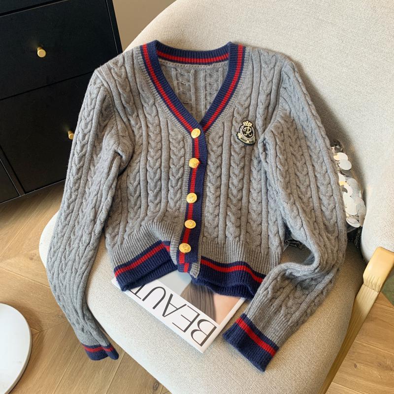 V-Collar Contrast Color Knitted Cardigan with Waist Slimming Cable-Knit Sweater for Women