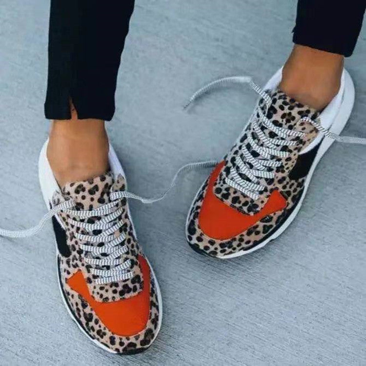 Leopard Print Color-Block Lace-Up Casual Horse Hair Sneakers