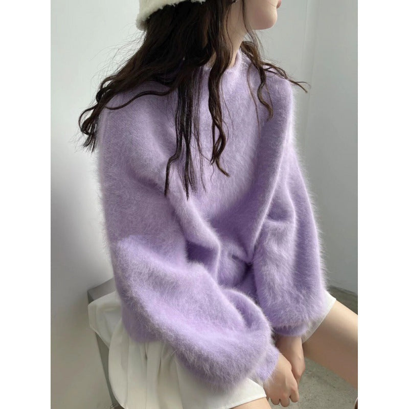 Elegant Solid Color Lantern Sleeve Half Turtleneck Loose Fit Jumper Sweater