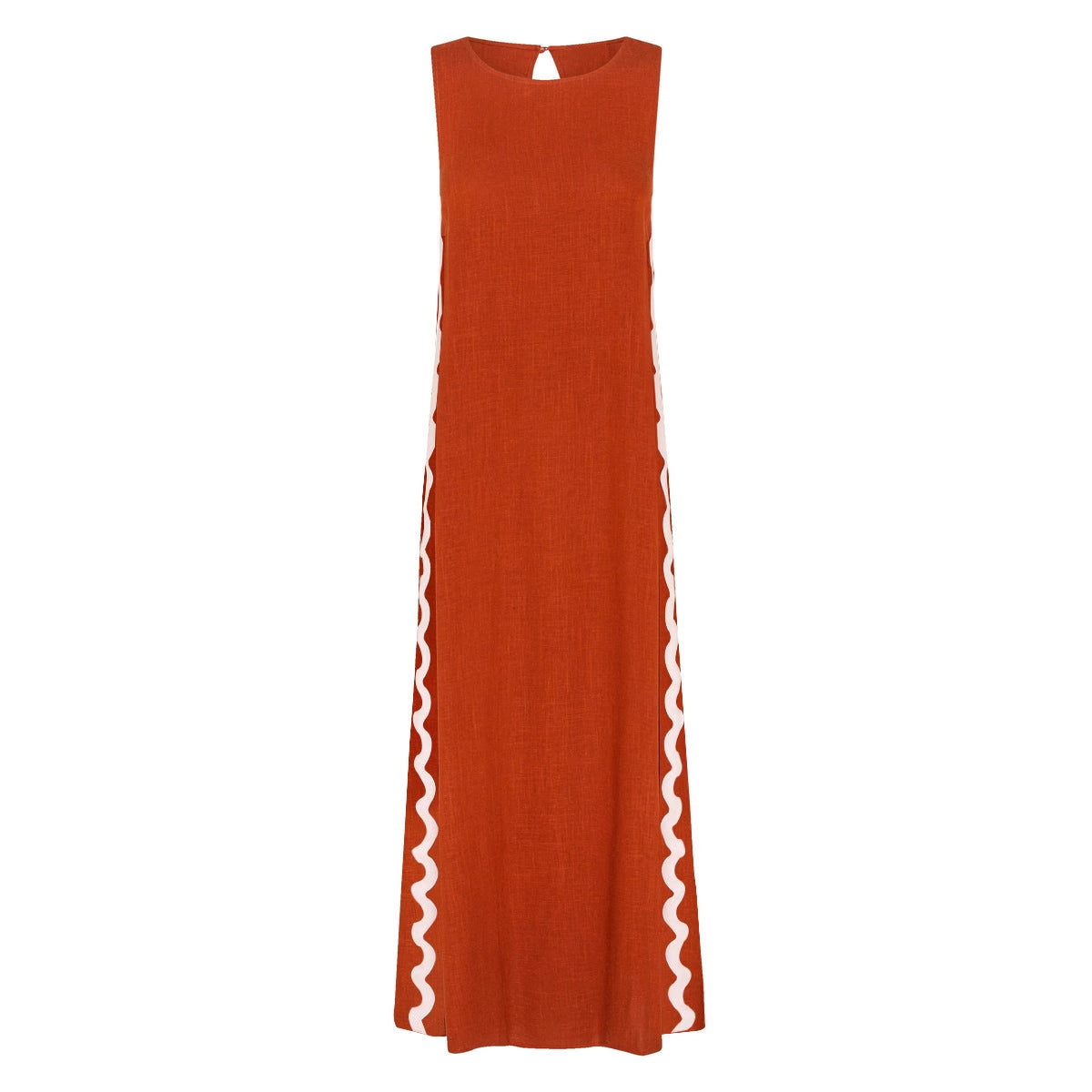 Casual Sleeveless Round Neck Dress with Solid Color Stitching and Lace Split Detail