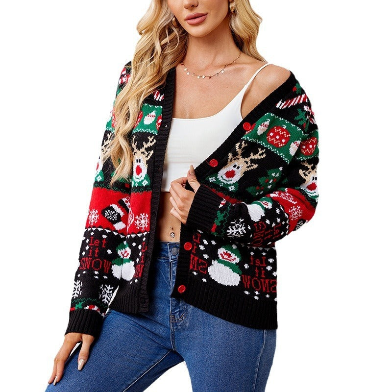 Loose-Fit Knitted Cardigan Sweater Coat – Women's Casual Long-Sleeve Christmas Sweater