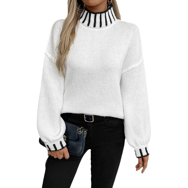 Loose-Fit Retro Color-Blocked Turtleneck Pullover Sweater