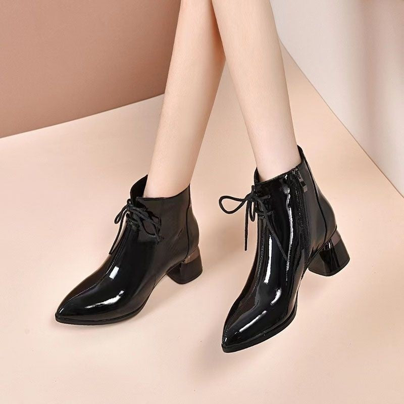 Elegant Women's Patent Leather Martin Boots with Chunky Mid Heel and Pointed Toe