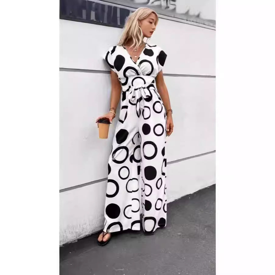 Fashionable Elegant V-Neck High-Waist Printed Wide-Leg Belted Jumpsuit