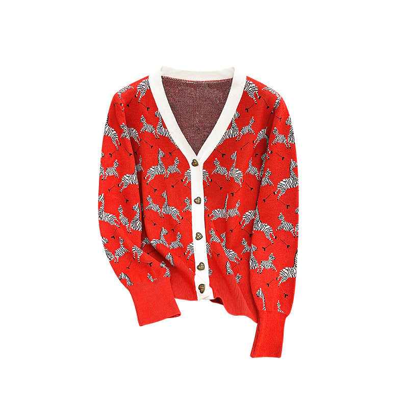 Women's Red Western-Style Zebra Jacquard V-Neck Long-Sleeve Coat