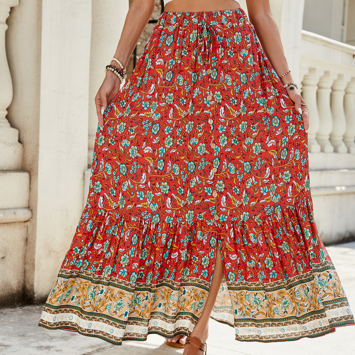 Women's Rayon Printed Split Skirt – Buttoned Design for Seaside Holiday and Beachwear