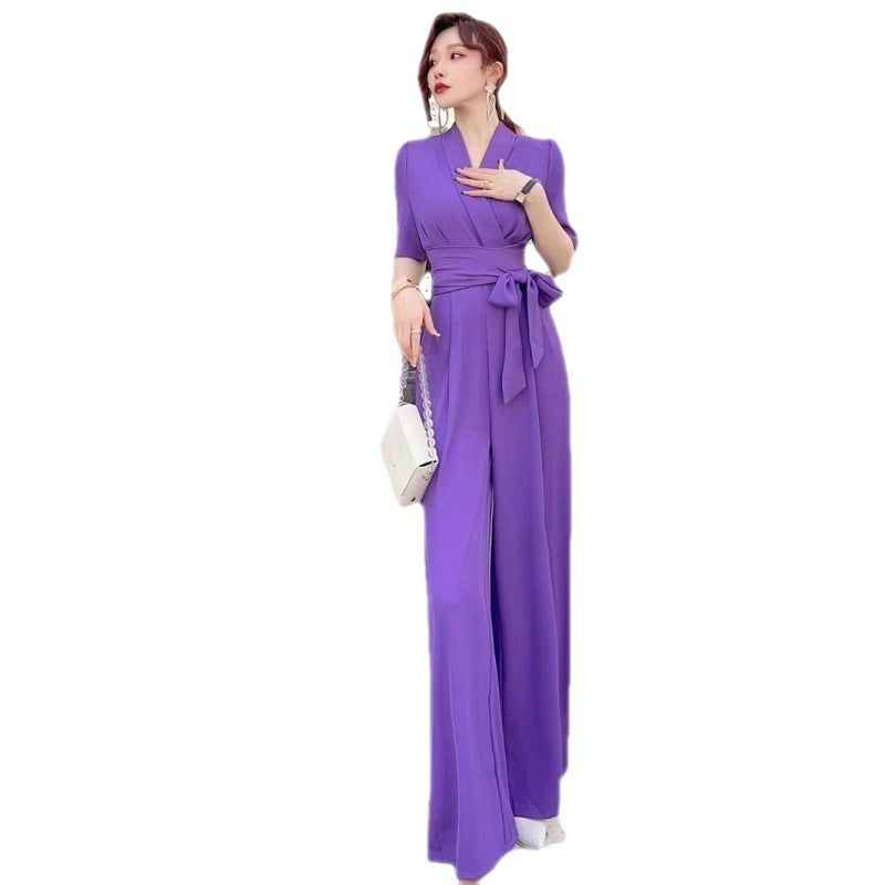 Elegant High-Waist Lace-Up Wide-Leg Jumpsuit, Slimming and Chic in Solid Color