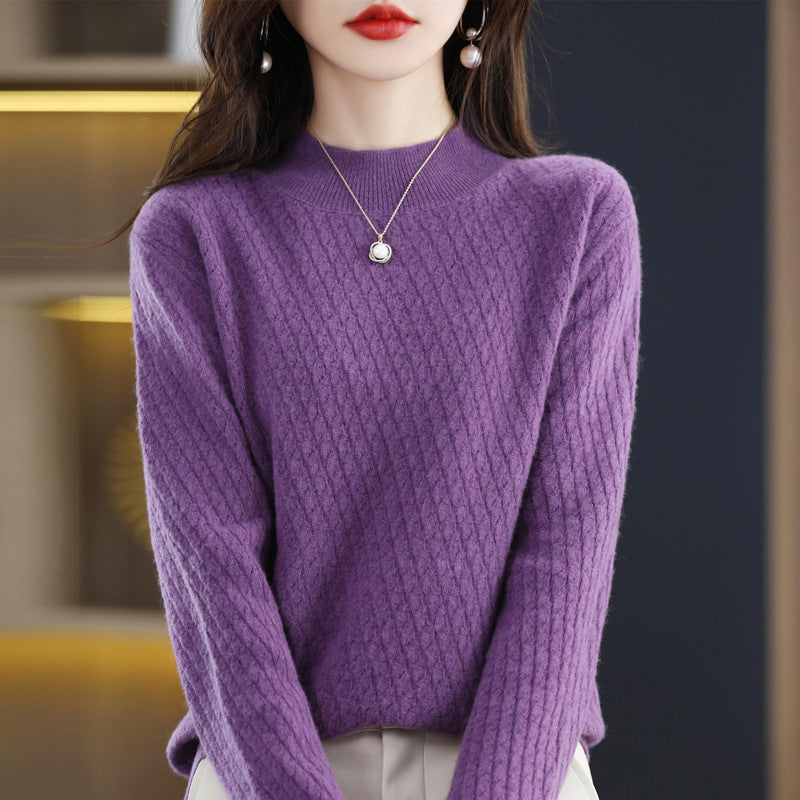 Pure Wool Women's Half-Turtleneck Knitted Sweater - Bottoming Shirt Style