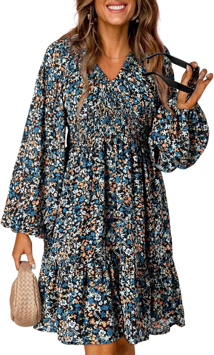 Floral V-Neck Long Sleeve Dress – Pleated with Elastic Waist for a Flattering Fit