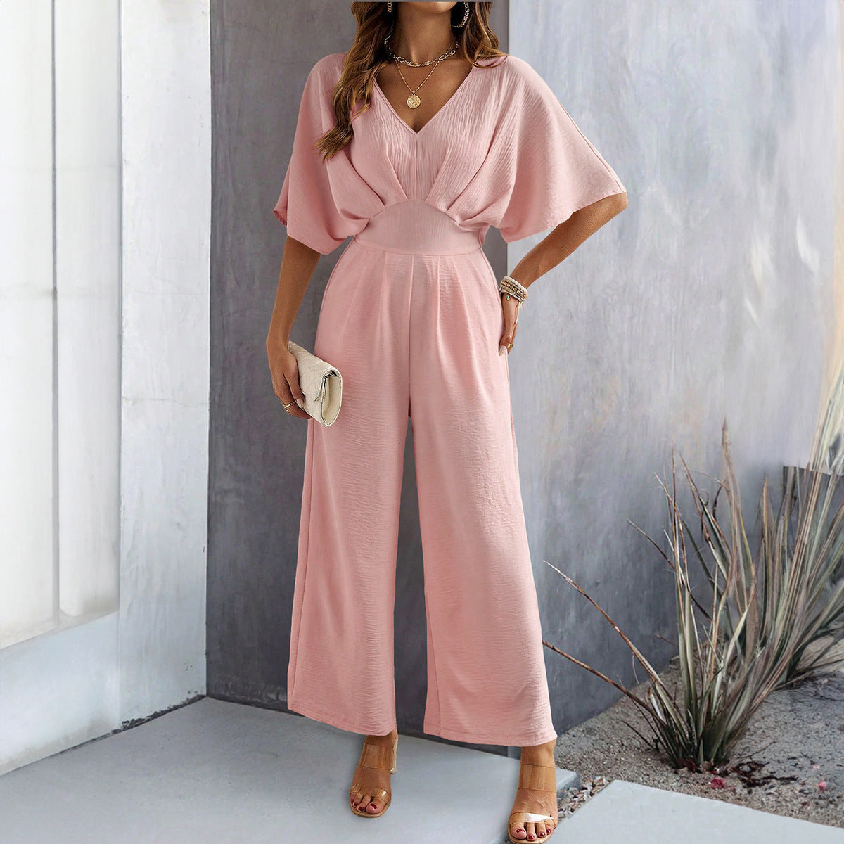 Women's Short-Sleeved Wide-Leg Jumpsuit – Comfortable and Stylish