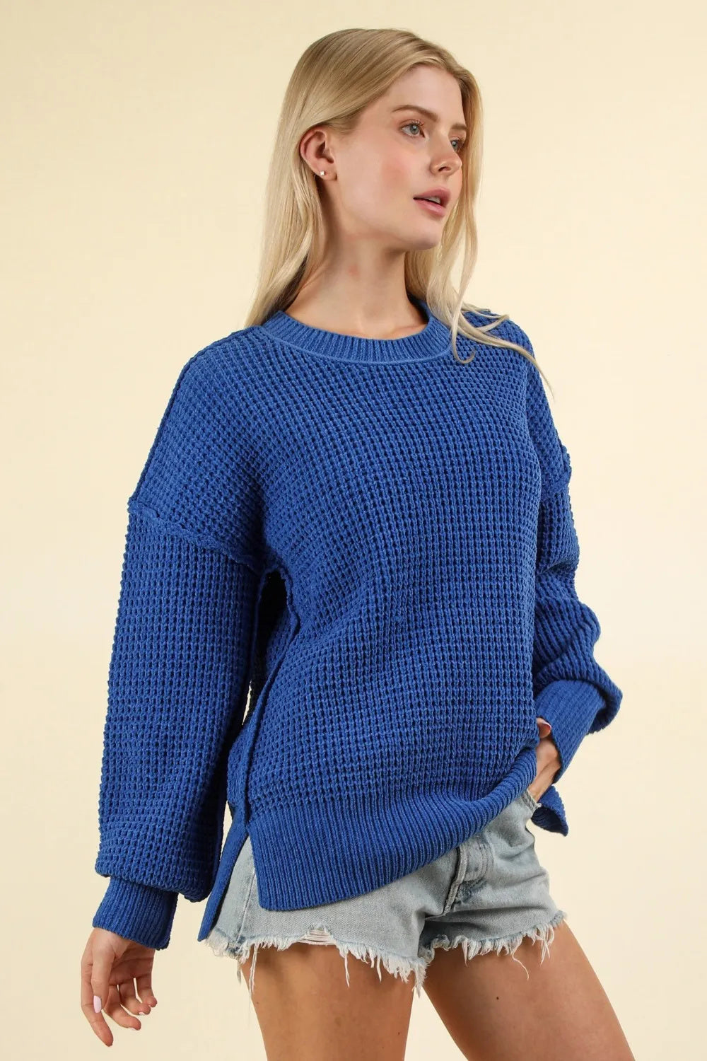 Waffle-Knit Exposed Seam Round Neck Sweater for Women