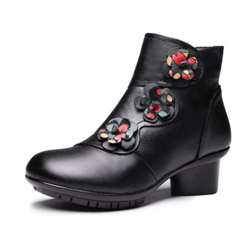 Ethnic Style Leather Mid-Heel Ankle Boots