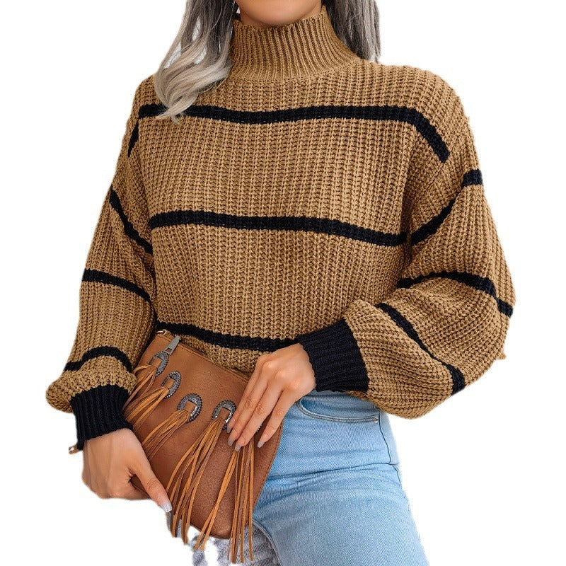 New Contrast Color Striped Half Turtleneck Pullover Sweater