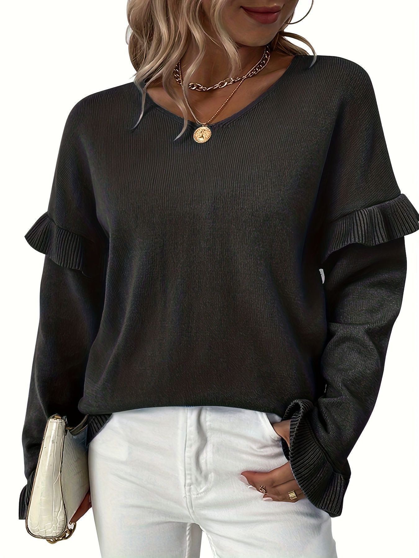 Solid Color V-Neck Sweater for Women with Petal Sleeves