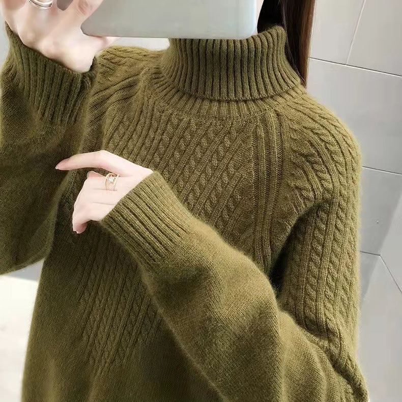 Women's Loose Fit Solid Color Twist Knit High Collar Sweater