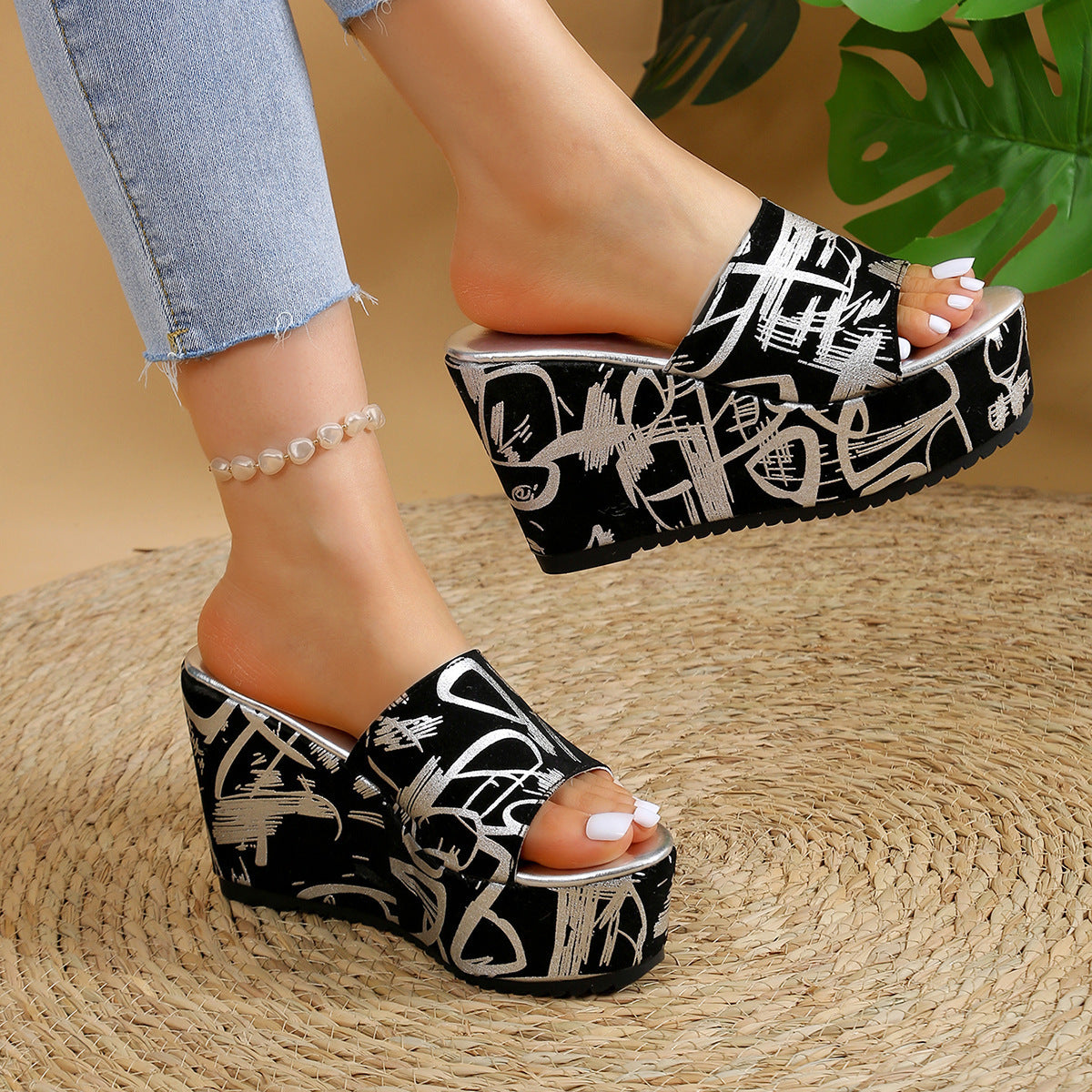 Round-Toe Wedge Slippers with Printed Design