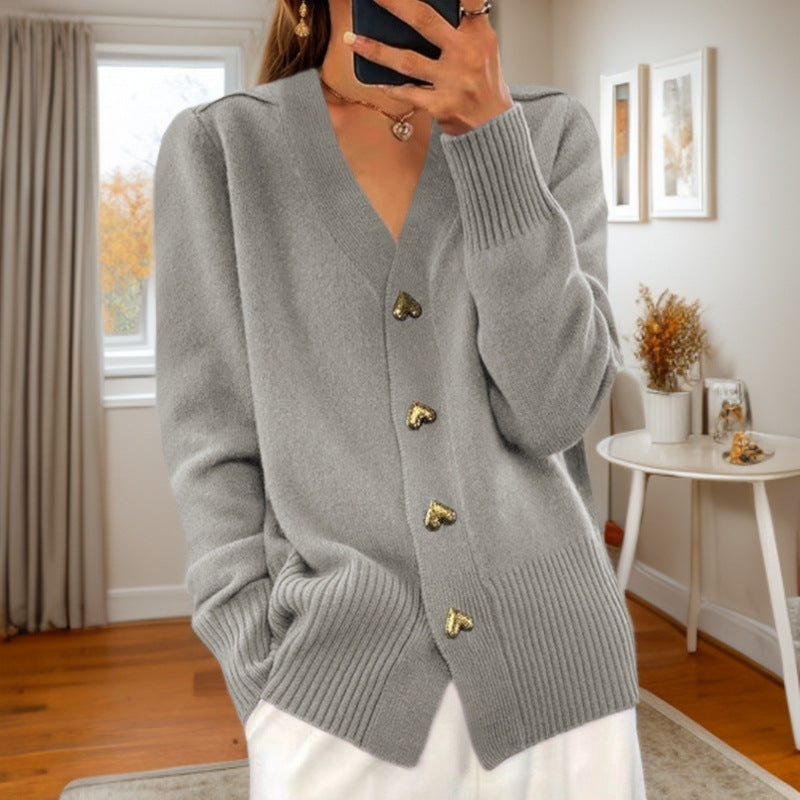 New Autumn & Winter Solid Color Long Sleeve V-Neck Knitted Cardigan