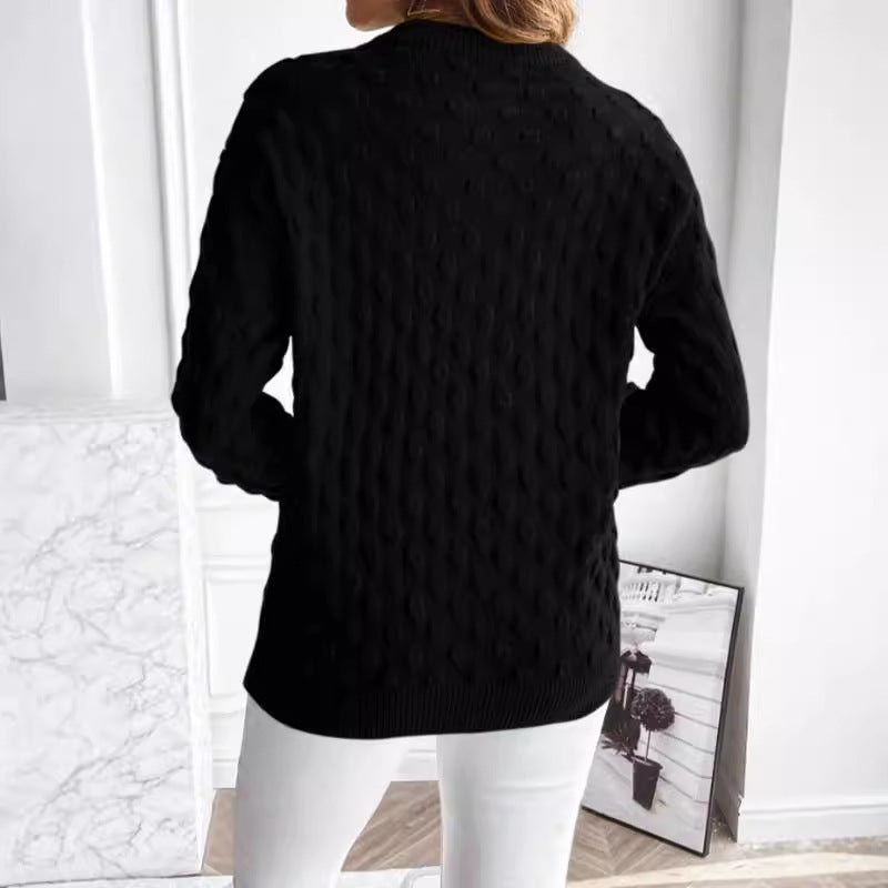 Solid Color Pullover Knitwear Top with Round Neck and Long Sleeves