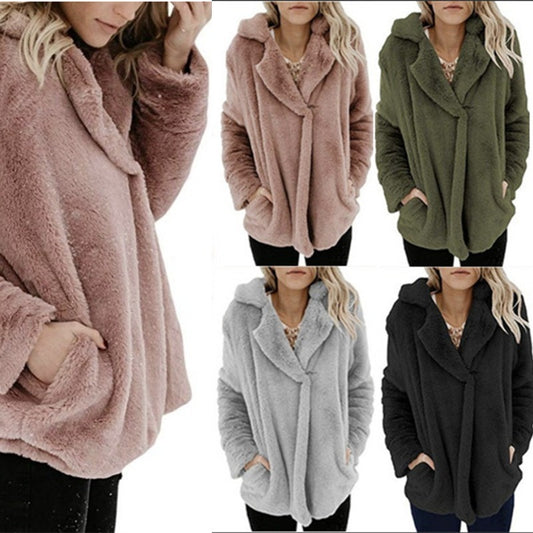 Women's New Cardigan with Suit Collar – Long Sleeve Plush Top