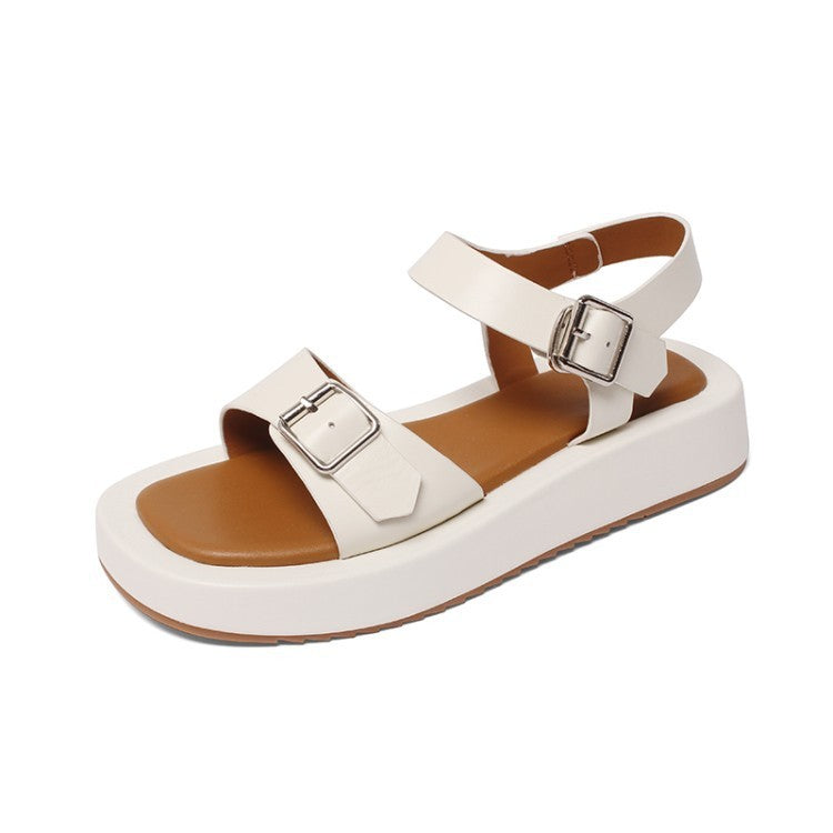 Flat Platform Sandals with Open Toe and Belt Buckle