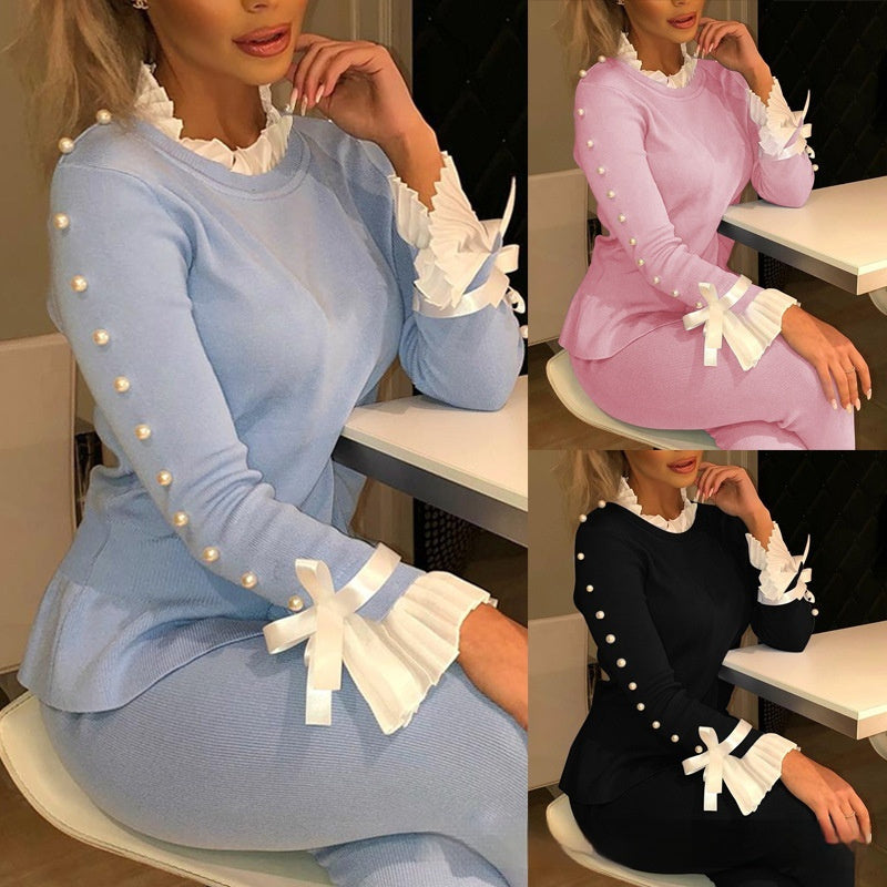 Fashionable Blue Stitching Long-Sleeve Top