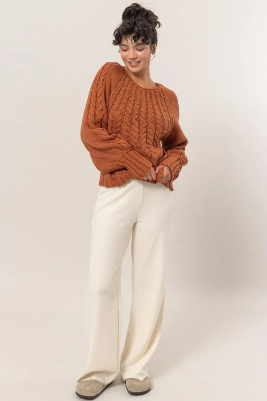 Cable-Knit Round Neck Sweater with Raglan Sleeves