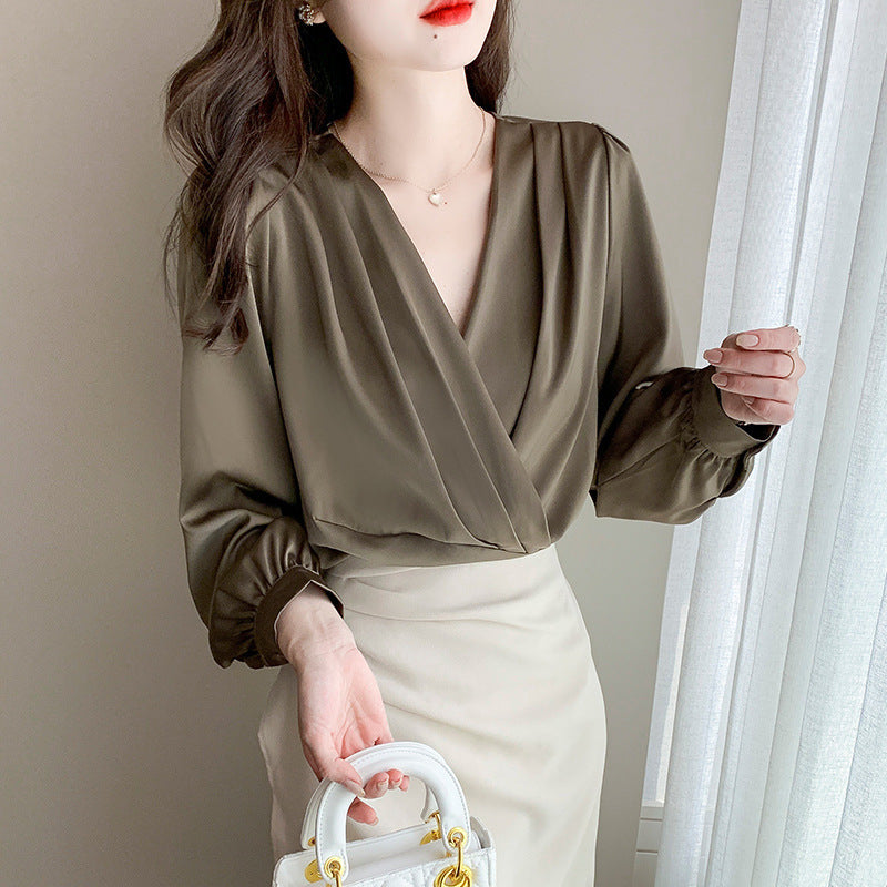 Women's V-Neck Satin Long-Sleeve Professional Blouse – Elegant Bottoming Shirt