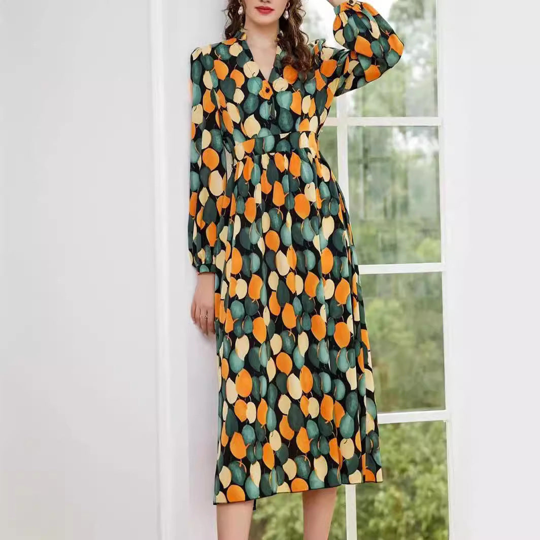 Women's V-neck Printed Long-sleeved Mid-skirt High Waist Button Dress