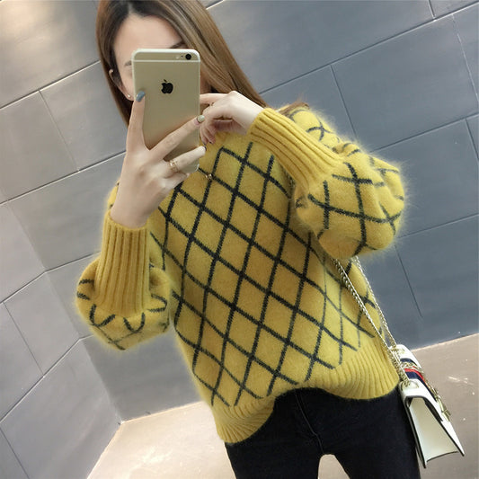 Korean-Style Trendy Diamond Grid Knit Pullover Sweater