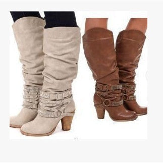 Plus Size Pleated Women's Boots with Thick High Heels