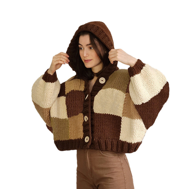 Women's Fashion Hooded Round Neck Cardigan with Button Detail - Plaid Knitted Coat