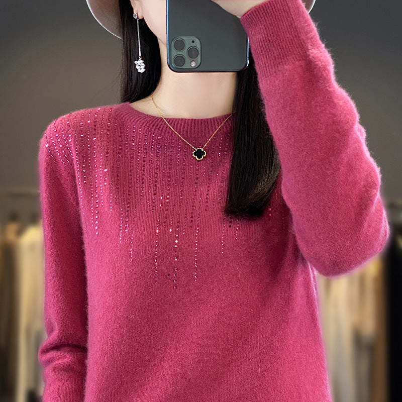 Round Neck Rhinestone Long-Sleeved Knitted Pullover Sweater for Women