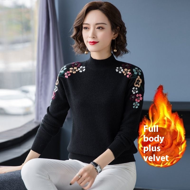 Popular Embroidered Women's New Loose-Fit High Collar Bottoming Shirt