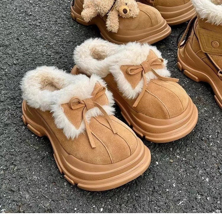 Fur-Integrated Platform Snow Boots for Women