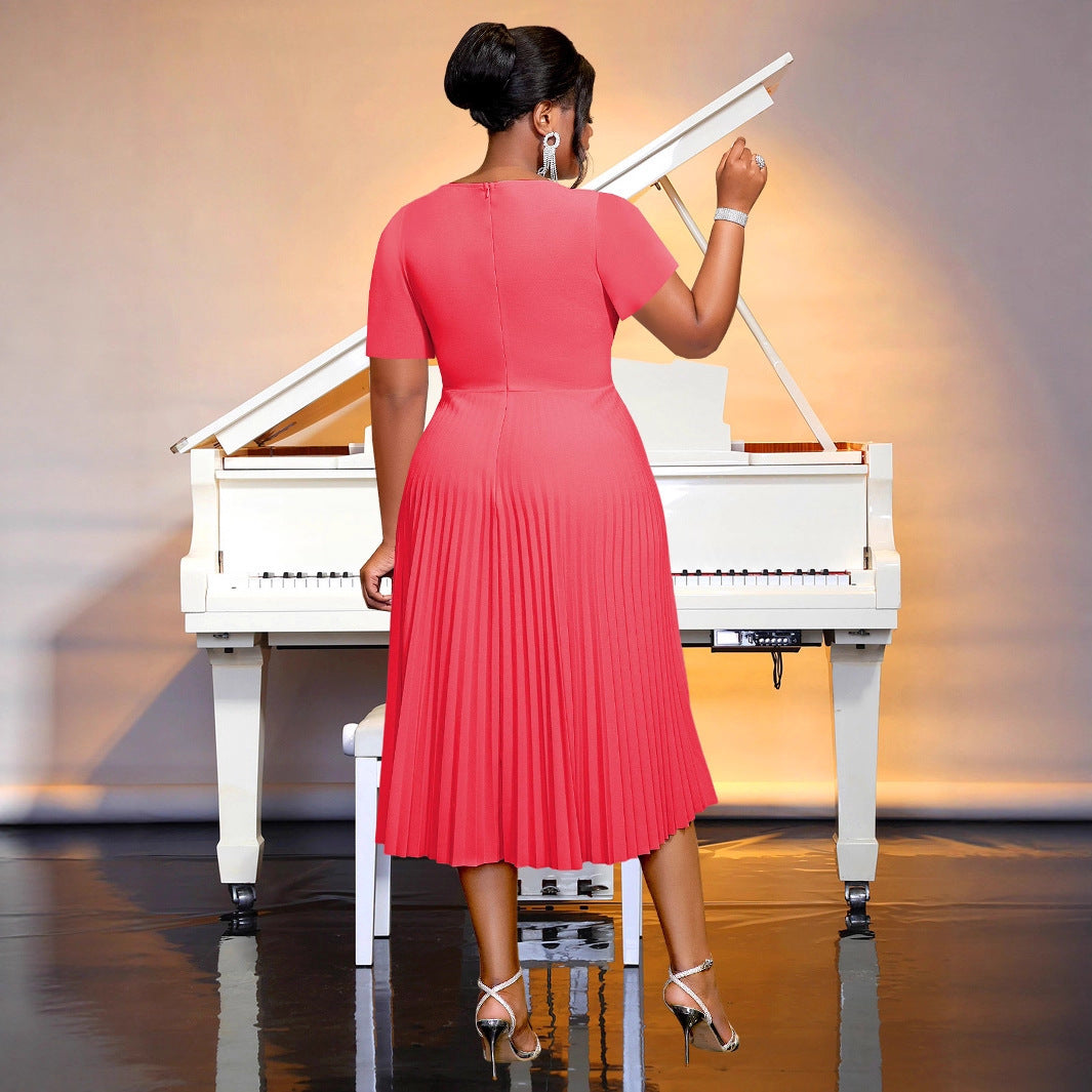 Women's Watermelon Red Short-sleeved Lace Mid-length Summer Pleated Dress