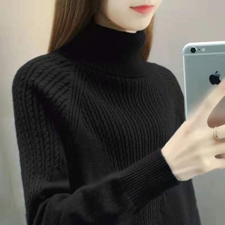 Women's Loose Fit Solid Color Twist Knit High Collar Sweater