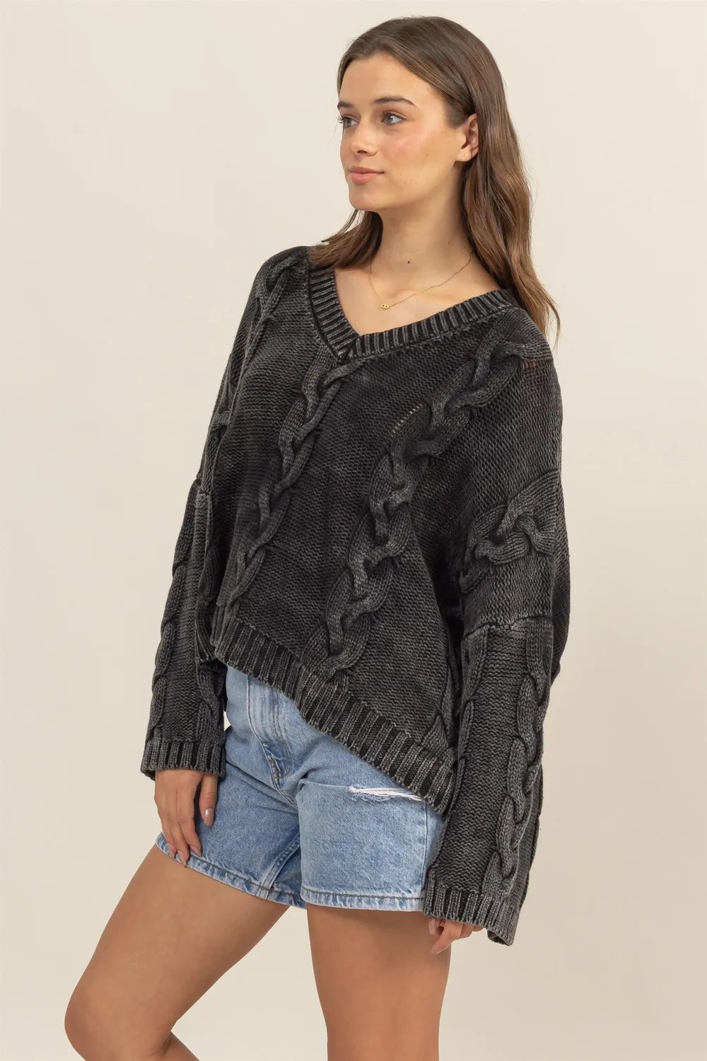 Cable Knit V-Neck Oversized Sweater with Dropped Shoulders