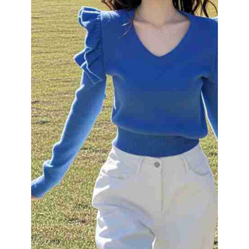 Atmosphere Ruffled Collar Klein Blue Sweater for Women