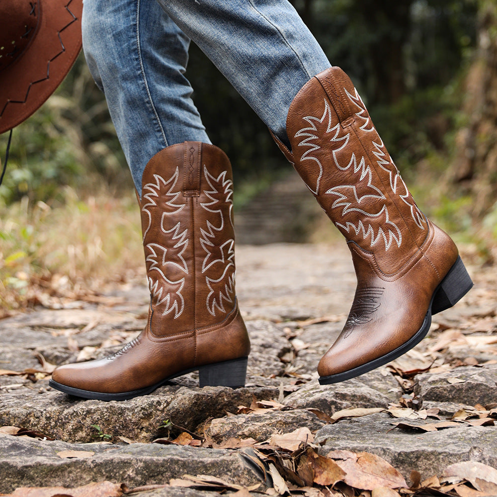 Embroidered High Heel Cowboy Boots for Men