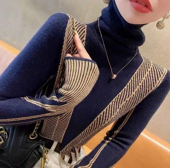 Women's Striped Turtleneck Sweater for Autumn and Winter