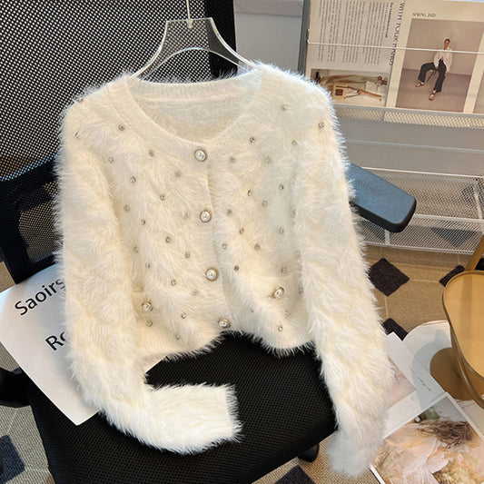 French Socialite Beaded Round Neck Sweater Coat for Women