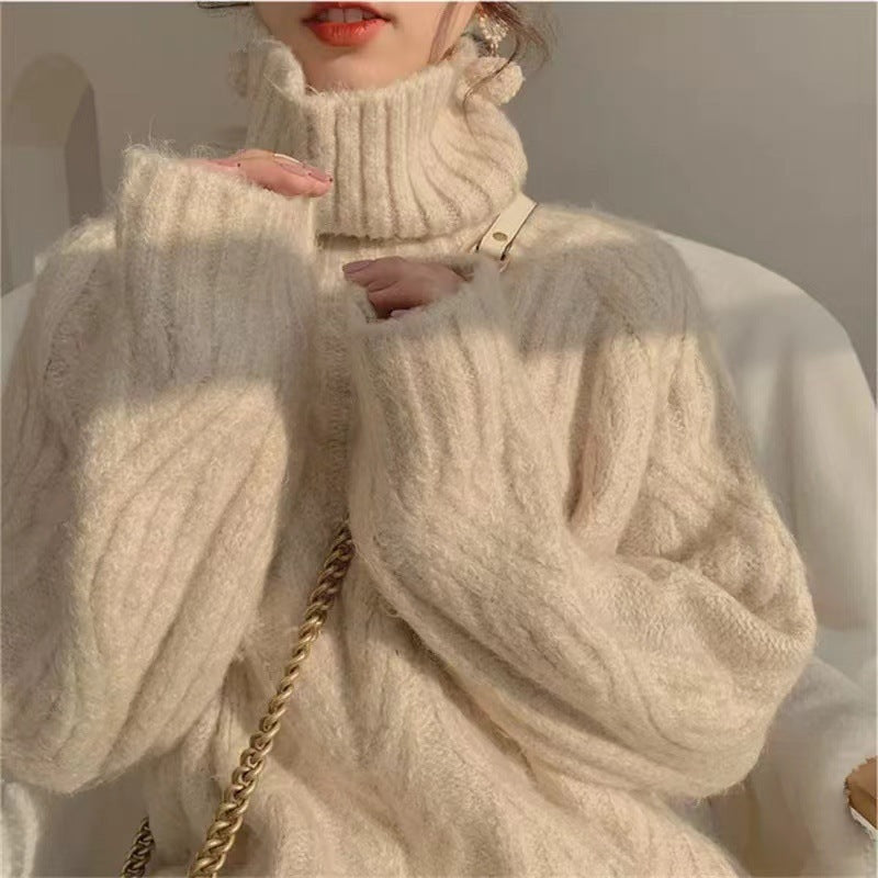 Loose-Fitting Retro Cable-Knit Turtleneck Sweater for Women