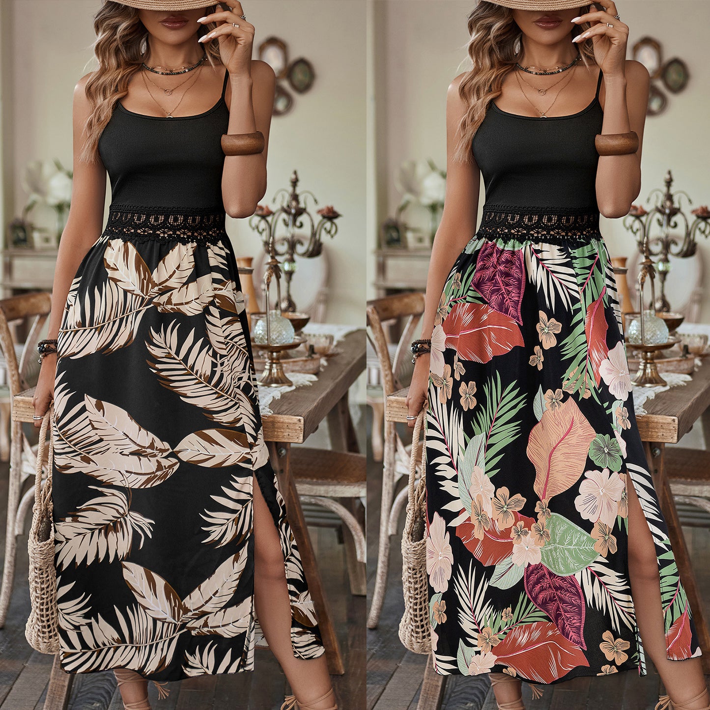 Women's Fashion Stitching Printing Waist Trimming Spaghetti Straps Dress