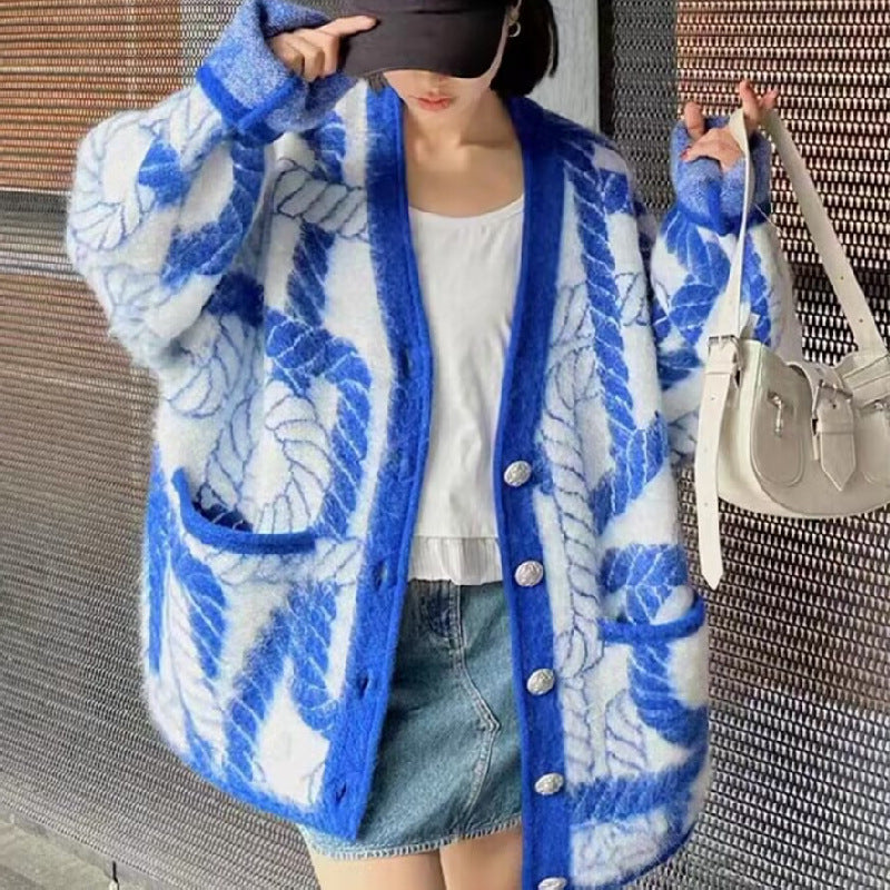 Women's Contrast Color Korean Style Loose Chic Mid-Length Cardigan Coat