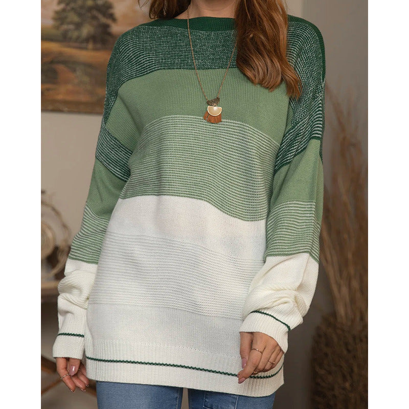 Women's Gradient Striped Color-Blocking Sweater – Loose Fit Green Knit Pullover