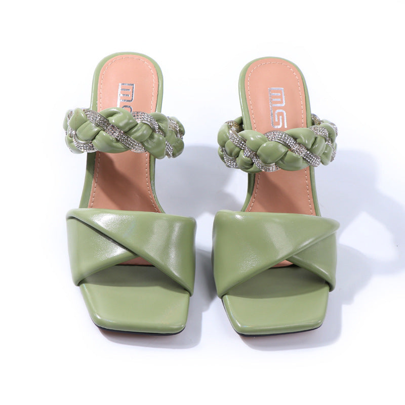 Solid Color Open-toed Sandals And Slippers With Woven Rhinestone High-heeled