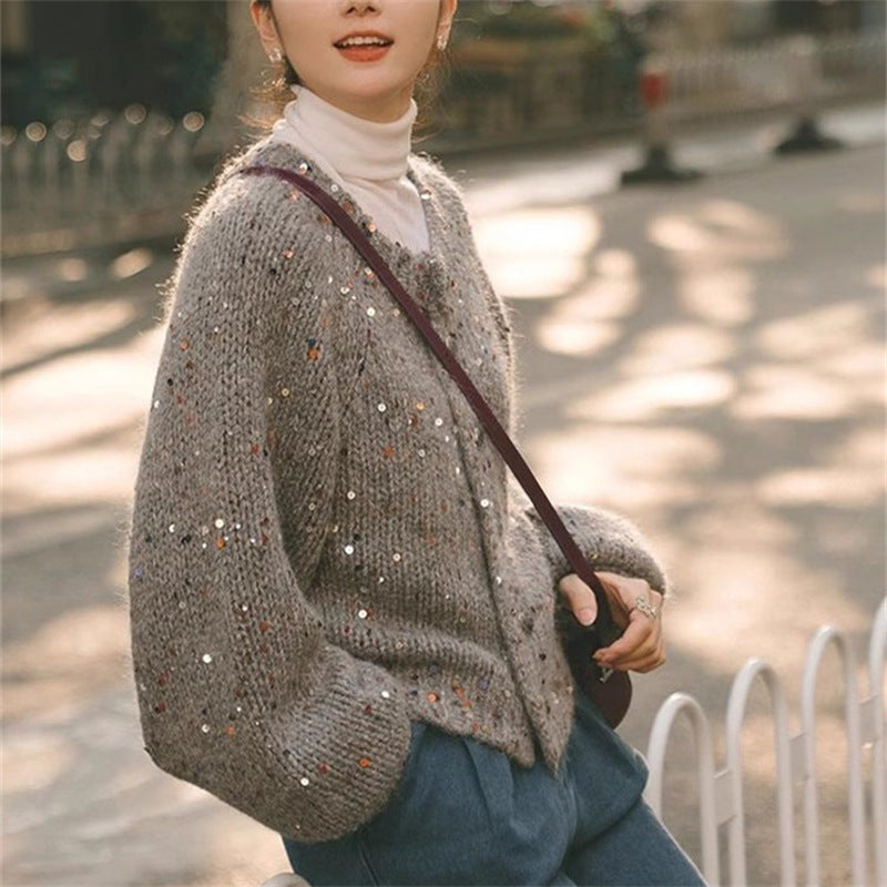 Vintage Gray Sequin Sweater Cardigan Coat